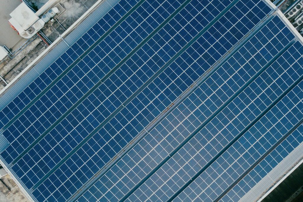 Aerial view of a large solar panel array